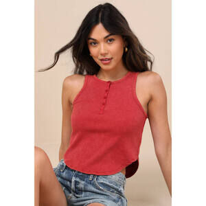Lulus Compelling Cutie Washed Red Ribbed Knit Tank Top - Size M NWT